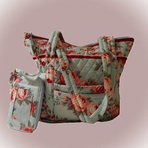 NWOT Floral Light Blue/Pink/Green Quilted Fabric Tote and Wristlet Set